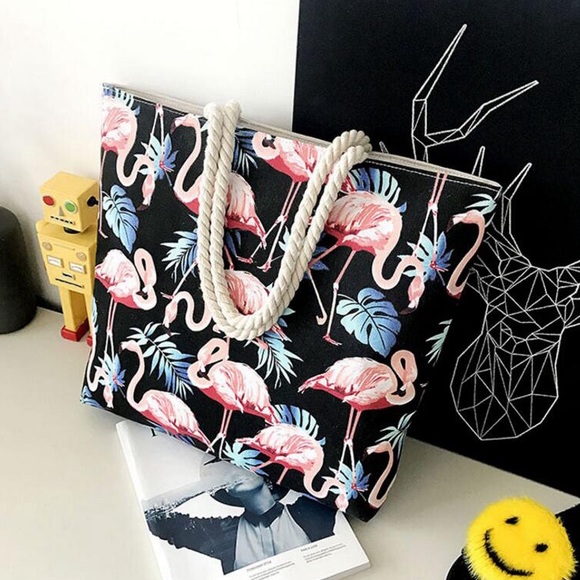 Large Canvas Flamingo Tote Beach Bag Rope Handles - Picture 3 of 7